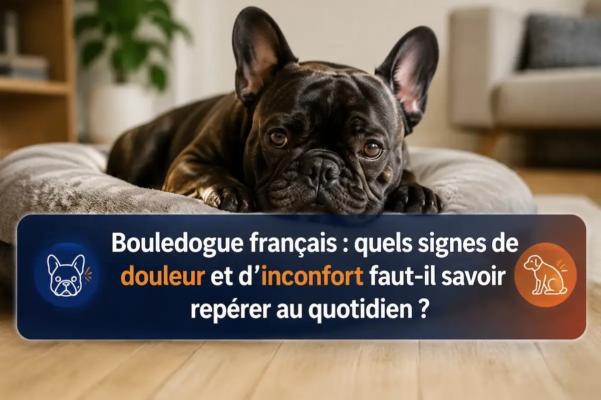 Bouledogue français couché sur un coussin avec un visuel sur les signes de douleur et d’inconfort au quotidien.