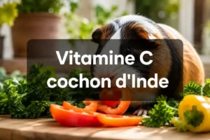 Cochon d’Inde devant des légumes frais avec le texte « Vitamine C cochon d’Inde ».