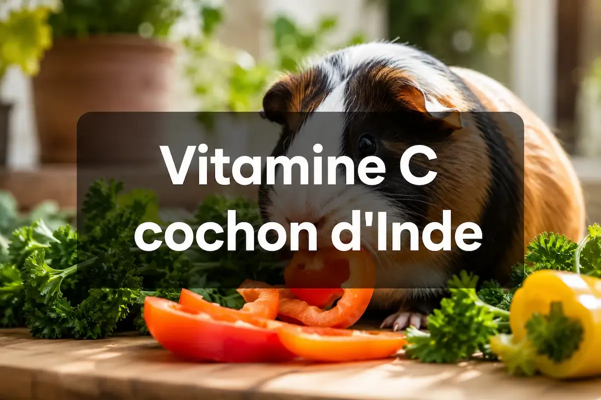 Cochon d’Inde devant des légumes frais avec le texte « Vitamine C cochon d’Inde ».