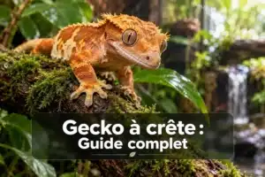 Gecko à crête orange et brun sur une branche moussue dans un terrarium végétalisé, avec le texte « Gecko à crête : Guide complet ».