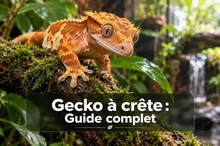 Gecko à crête orange et brun sur une branche moussue dans un terrarium végétalisé, avec le texte « Gecko à crête : Guide complet ».
