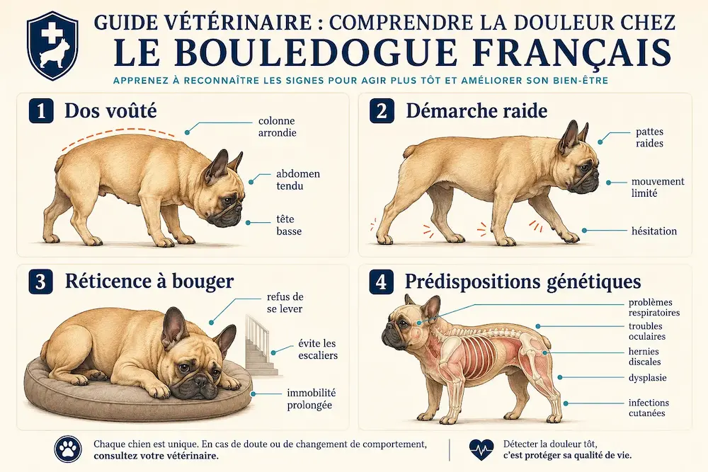 infographie sur les signes de douleur chez le bouledogue français : dos voûté, démarche raide et réticence à bouger.