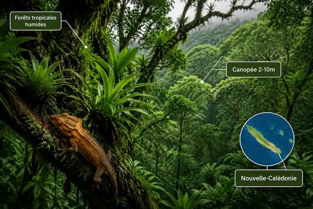 Gecko à crête sur un tronc dans une forêt tropicale humide de Nouvelle-Calédonie, avec indication de la canopée.