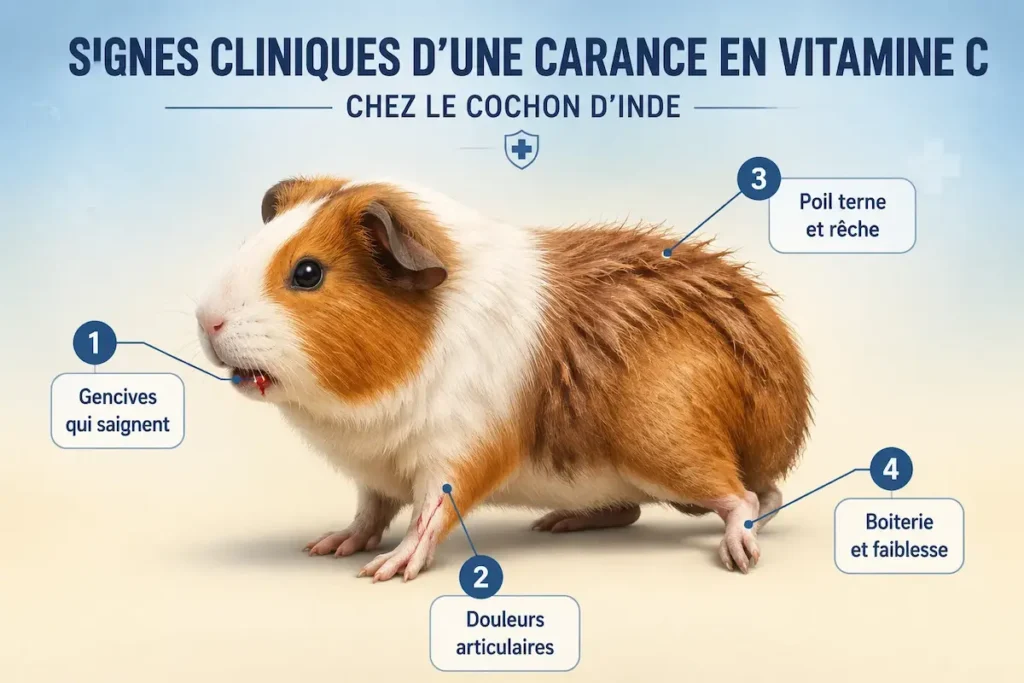 Infographie montrant les signes cliniques d’une carence en vitamine C chez le cochon d’Inde.