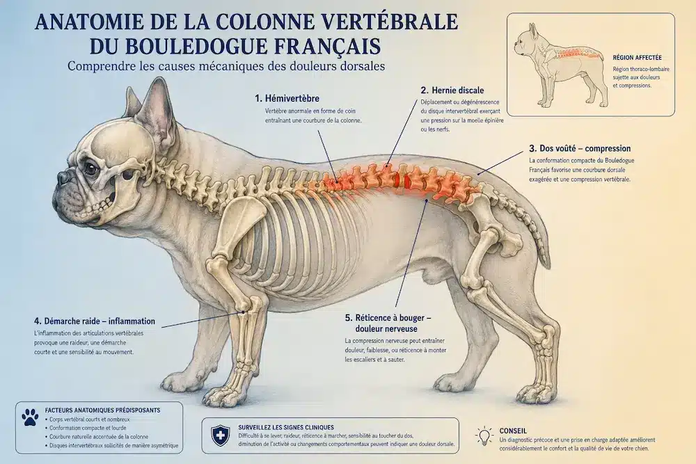 Infographie de la colonne vertébrale du bouledogue français montrant les zones dorsales affectées et les signes de douleur associés.