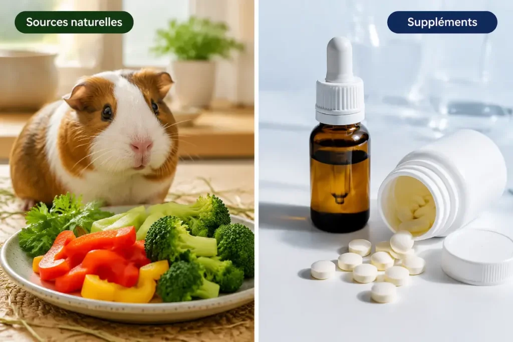Comparaison visuelle entre des sources vitamine C naturelles avec légumes pour cochon d’Inde et des compléments en gouttes ou comprimés.